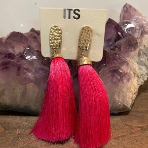 Hot pink tassel earrings with gold hammered accent